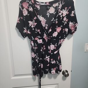 Torrid Black and Pink Floral Wrap Blouse